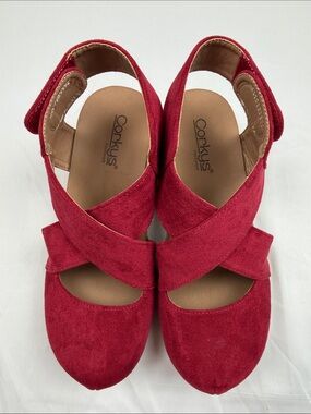 Corkys Case Closed Red Suede Wedge Sandals